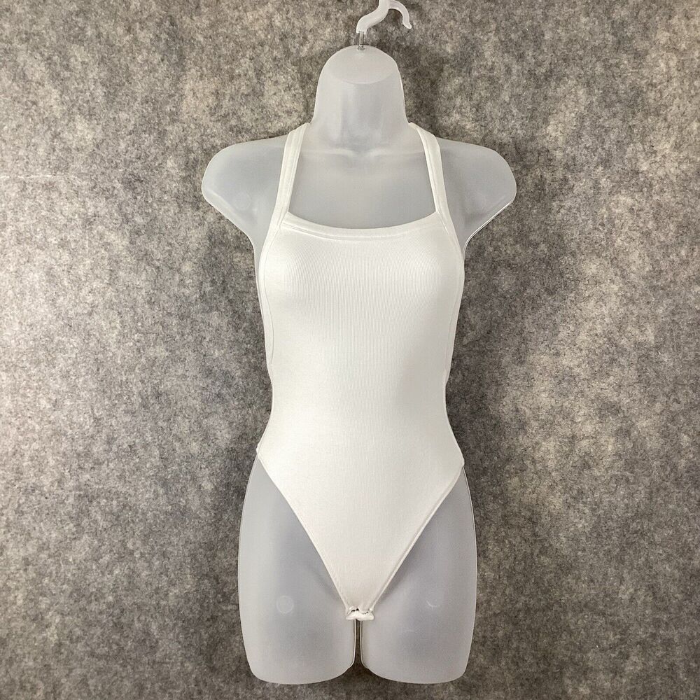Olivaceous Women’s White Ribbed Bodysuit Cross Cross Strap Snap Closure Size XS